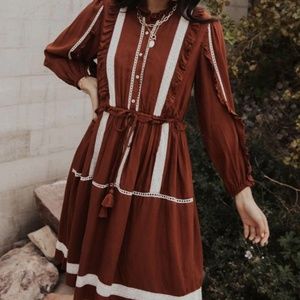 Zoe Ruffle + Lace Trim Dress in Brick- Bohme